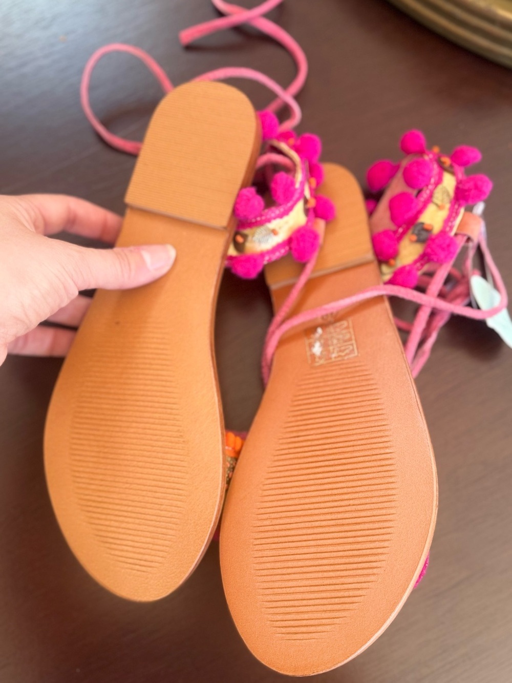 Pom Pom Embellished Gladiator Sandals in Hot Pink & Orange - Picture 3 of 4